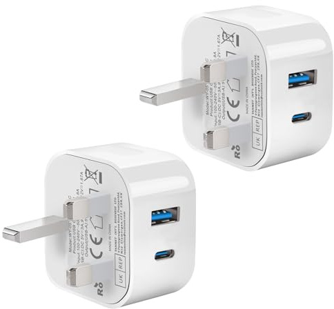 USB C Plug for iPhone Charger,20W 2 Port USB A and C Type Charger Plugs UK Fast Charge for iPhone 17 Pro Max Air 16e 16 Plus Pro Max 15 14 13 12 11 Watch iPad 10th A16,USBC Charging Head,2Pack