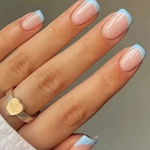Ceboic 24 Stück French Tip Nägel zum Aufkleben, Blau Handgefertigt Press on Nails, Elegante Acryl Full Cover Fingernägel zum Aufkleben, Natürlich Wiederverwendbare Künstliche Nägel für Frauen Mädchen