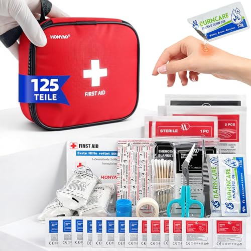 HONYAO Mini Trousse de Secours 125 Pièces, Petite Trousse Premier Secours Complete, Kit Premier Secour, Trousses Pharmacie pour Voiture Maison Travail Camping Voyage Randonnée et Sports en Plein Air