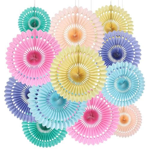 BestoFun 12 Stück Papier Fächer Set Pastell Party Deko Hellrosa Hellblau Hängende Tissue Blumen Gelb Grün Papier Fächer Dekoration für Gartenparty Kinder Geburtstagsdeko Hochzeit Baby Shower