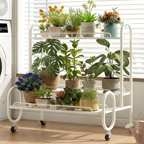 WATAOW Carrito De Flores De 3 Niveles Con Ruedas - Soporte Para Plantas Para Interior Y Exterior - Estante De Exhibición Portátil De Metal Móvil Para Varias Plantas(Blanca,80cm/31.5)