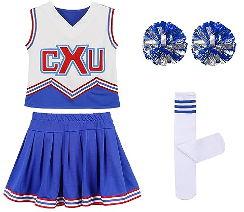 LOLANTA Déguisement Pompom Girl Fille, Costume Cheerleader avec Pompons et Chaussettes, pour Halloween, Carnaval, Bleu, 10-11 ans, 150