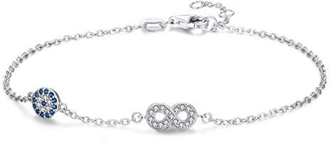 Blue Evil Eye Infinity Sign Bracelet Sterling Silver 925 Cubic Zirconia Length Adjustable 16-17-18cm