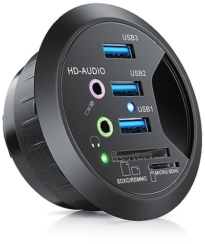 CSL - USB 3.0 In-Desk USB Hub Tisch-Kabeldurchführung mit Multi-Cardreader - Tischkabeldose - Multi In-Desk Hub - 2X Audioanschluss 3,5mm Klinke