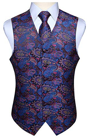Enlision Väst för män, paisley, blommig, jacquard, slips, ficka, fyrkantig näsduk, bröllopsfest, passar affärer, väst, tweedkostym, set med västar, Blå och rosa, L