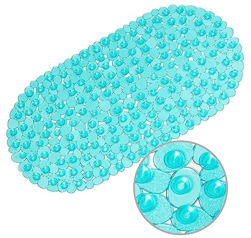 WELTRXE Bath Mats Non Slip Shower Mat, Anti-Mould Anti Slip Bathtub Mat Frosted Pebble PVC Oval Bathroom Mat with Grip Suction Cups & Drain Holes, Machine Washable, Aqua, 69 x 36 cm