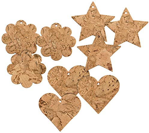 Korkformen zum Basteln | Anhänger aus Kork | Natur & Presskork | Adventsdekoration | Weihnachtsbaum | Christbaumschmuck | 9er Set | Sterne, Herzen und Blumen