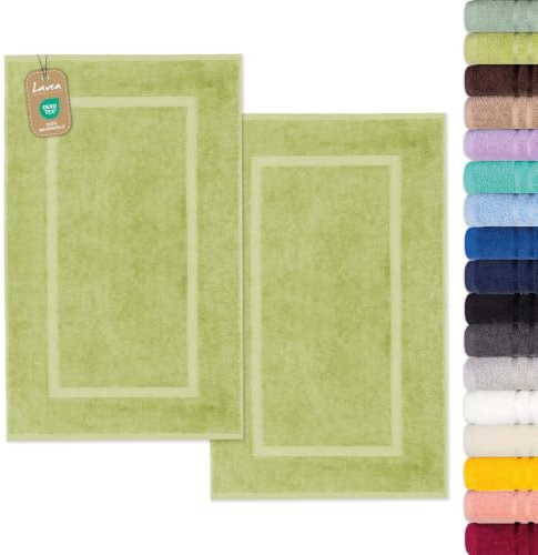 Lavea® 2er Set Badematte 50x80 cm – Lindgrün | Badezimmerteppich 100% Baumwolle, 800 g/m², saugstark, waschbarer Badteppich, Badvorleger – Frottierserie Elena