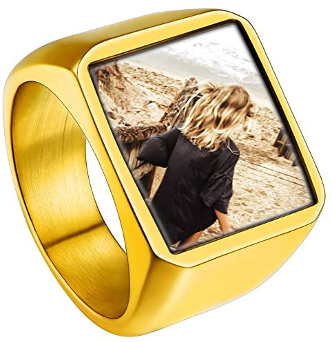 ChainsHouse DIY Personalisierter Fingerring Siegelring mit Bild Text Gravur Damen Herren Quadrat Bandring Fingerring mit Geschenkebox für Freundin Freunden