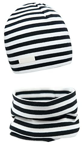 Foruhoo Mädchen Mütze Set mit Schal Kinder Beanie für Herbst Winter Baumwolle 2er(Set: Streifen Schwarz,49-53)