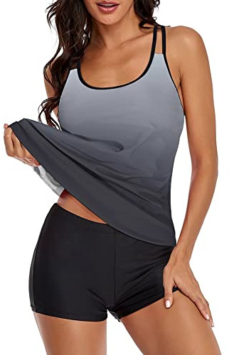 MARZXIN Tankini para Mujer, Traje de baño Floral de Dos Piezas, Traje de baño sin Mangas con Pantalones Cortos, Gris (Gradient Grey), Large