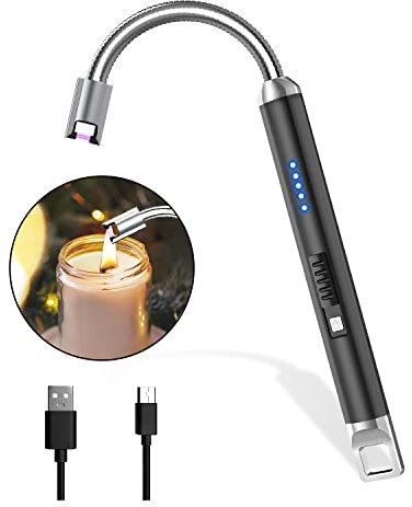 Rouclo Accendino Elettrico USB, Accendigas USB Ricaricabile con Indicatore della Batteria, Accendino Arco Elettrico 360º Flessibile Accendino Lungo per Accendere Candele,Stufe, Barbecue,Nero