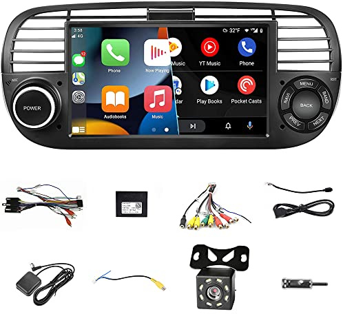Autoradio Android 9 Bluetooth compatibile for Fiat 500 (07-15) Wireless Carplay Android Auto 7 Touch Screen RDS Auto radio con GPS/WIFI/FM/USB/Telecamera per retromarcia/Specchio Link per Android/iOS