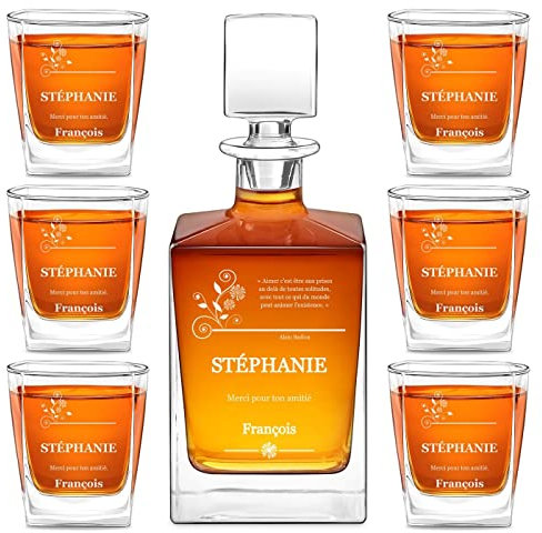 Maverton Carafe et Verres à whisky avec gravure Idee Cadeau Femme - 810ml Carafe Whisky + 6 Verre a Whisky 250 ml - Service personnalisé pour elle - Cadeau Anniversaire Femme - Verre a rhum - Amie