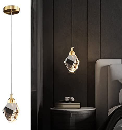 Sxtiger Modern Crystal Pendant Light, 3-Color LED Crystal Pendant Light, Adjustable Height Gold Ceiling Hanging Pendant Lamp, for Kitchen Island Bedroom Dining Room (Gold)
