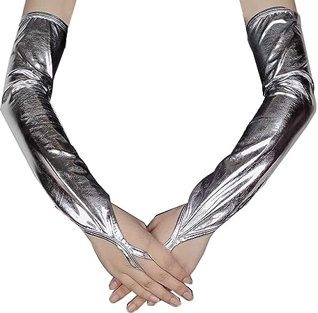 SUNTRADE Women Metallic Fingerless Long Gloves for Wedding Evening Party Cosplay Costume Night Club Dancewear