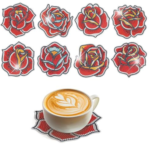 SHEGZHUC Diamond Painting Untersetzer Rosen 8 STK Blumenmotiv Diamond Painting Glasuntersetzer Tischuntersetzer Diamant Malerei Dekorative Glasuntersetzer Kunsthandwerk für Gläser Teetassen Getränke