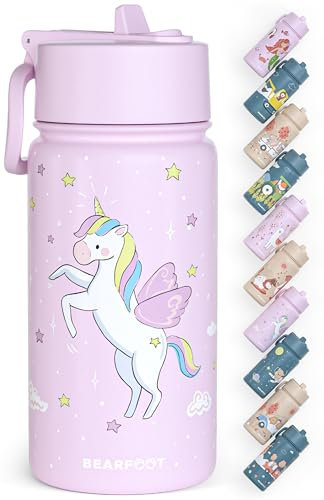 BEARFOOT Trinkflasche Kinder Edelstahl mit Strohhalm - Thermosflasche 400ml - BPA frei - auslaufsicher - Kleinkinder, Mädchen & Jungen Wasserflasche für Schule, Kindergarten (Lila - Einhorn)