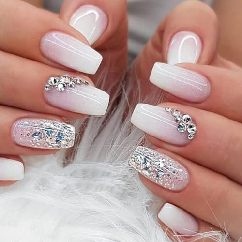 24 Pezzi Unghie Finte Adesive Rosa Bianco Glitterate Bara Stampa sulle Unghie Ballerina French Unghie Artificiali con Strass Medio Acrilico Stick sulle Unghie per Donne Ragazze Manicure Fai da Te