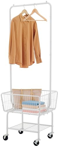 Tajsoon Laundry Cart with Hanging Rack, Metal Laundry Basket with Wheels, Laundry Hamper with Storage Basket and Shelf, Rolling Laundry Cart with Wheels, White