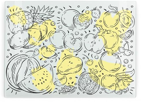 Fruit Themed Large Rectangular Glass Worktop Protector - Food Doodles Gifts - Yellow Smooth Board Kitchen Chopping/Cutting Board Worktop Saver with Non-Slip Feet 39cm x 28.5cm (15 x 11)