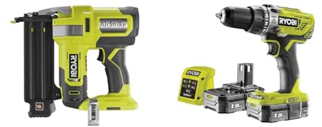 RYOBI R18GN18-0 18V ONE Plus Cordless 18 Gauge Nailer Bare Tool, One Size, Hyper Green & R18PD3-215GZ 18 V ONE+ Cordless Combi Drill Starter Kit (2 x 1.5 Ah), Hyper Green