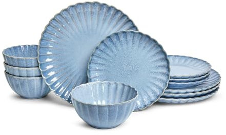 Sango Juego de vajilla de cerámica de 12 piezas, platos azules reactivos modernos para 4, juegos de platos y cuencos de alta calidad, plato resistente a las astillas, vajilla de cerámica, juego de
