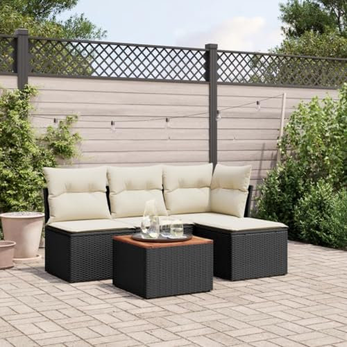 Rantry 5-TLG. Garten Sofagarnitur mit Kissen Gartensofa mit Stauraum Gartenlounge Balkonmöbel Gartenmöbel Loungesofa Rattansofa mit Gartentisch Ecksofa Gartenset Sitzgruppe Schwarz Poly Rattan