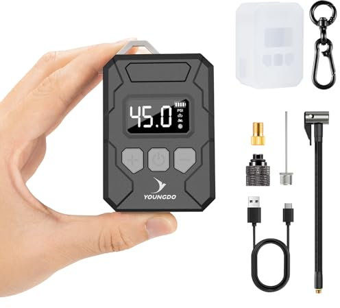 Mini Fahrradpumpe, YOUNGDO Fahrradpumpe Elektrisch 150PSI, 500mAh Akku Kompressor, Tragbare Luftpumpe Fahrrad, Echtzeit-Druckanzeige, mit Presta- und Schrader-Ventil