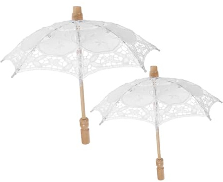 Braut Regenschirm 2 Stück aus Baumwolle und Holz, Weiß, Elegant | Spitze Optik, Ergonomischer Griff, Vielseitig Nutzbar, für Hochzeit und Brautfotos als Romantisches Accessoire