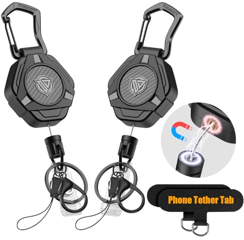 Oaridey Magnetic Retractable Keychain, Heavy Duty Carabiner Badge Holder with Phone Tether Tabs, Tactical ID Badge Reel with 31.8'' Coated Steel Cord and Lobster Clasp, Bearing 10.0 oz - 2 Pack