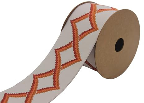 V2 201 Vorhangband, 4,7 m Spule, 6,8 cm, Beige / Orange, geometrisch, bestickt, Jacquard-Band für Ihre Vorhänge, Gardinenbänder/Zierband