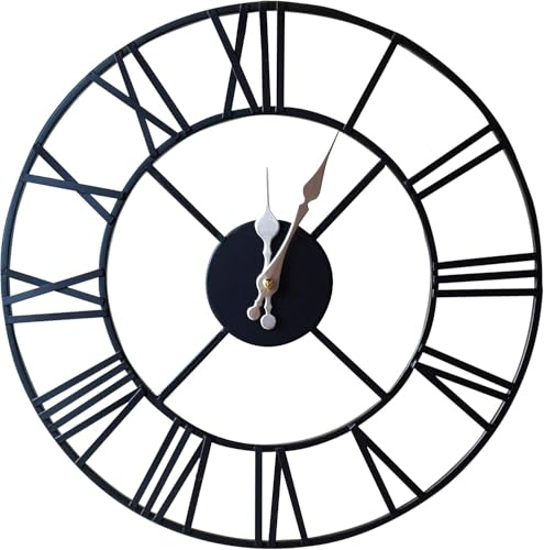 Klass Home 40cm Black Metal Large Wall Clock | Silent Non-Ticking Roman Numerals Clock For Indoor/Outdoor Use | Living Room, Bedroom, Kitchen, Outdoor, Garden Decor
