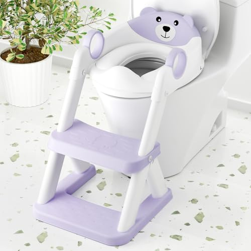 COOSEYA Sedile WC per bambini, per imparare a usare il vasino, 2 in 1, per bambini e bambine, impermeabile, imbottito, con sgabello antiscivolo (viola)