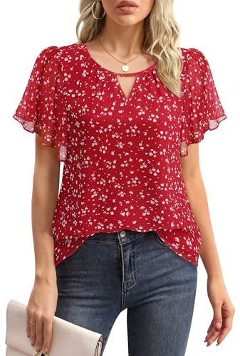 Gaharu Bluse Damen Elegant Kurzarm Sommer Tunika Business Casual Oberteil Rundhals Rüschenärmel Chiffon Blumen Shirt Top