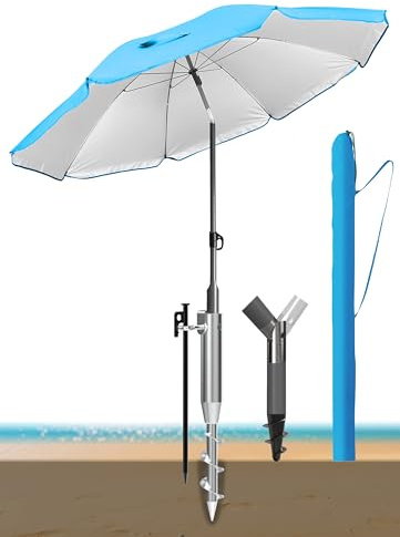 4smile Sonnenschirm Strand 200 cm 3-IN-1 Set – Strandschirm Windfest Stabil, Sonnenschutz Strand mit Schutzhülle, Sonnenschirm mit Bodendübel, Eindrehbodenhülse, UPF50+, Fb. Blau
