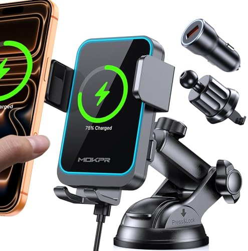 MOKPR Car Phone Holder Wireless Charger, 15W Car Phone Holder Charger | Auto Clamping with 18W Car Charger Dashboard Windshield Air Vent for iPhone 17/16/15/14/13&Samsung S26/S25/S24/S23(Dark Grey)