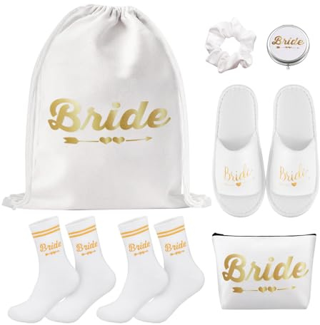 7 Stück Braut Geschenk Set Jga Accessoires Enthalten Braut Rucksack | Kosmetiktasche Taschenspiegel Klappbar Hausschuhe 2 Socken und 1 Haargummis Elastisch für Brautparty Hochzeit Verlobung