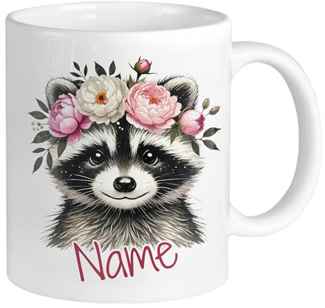 GRAZDesign Personalisierte Tasse Waschbär mit Namen Kinderbecher Kinder Mädchen