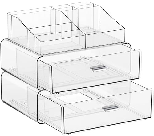 Yieach 3 Tier Clear Acrylic Makeup Organizers with Drawers,Tiered Countertop Make up Storage Organizer for Dresser Top and Bathroom Vanity,Plastic Makeup Stand for Brush,Skincare,Beauty Organizers