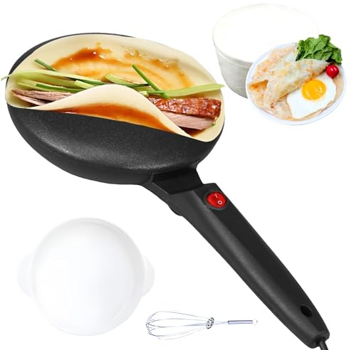 Crepera Eléctrica con Mango, 20,5 Cm/8 Pulgadas de Diámetro, con Cuenco y Batidor, Para Casa y Restaurante