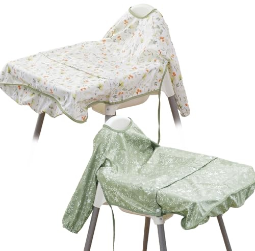 CoolaPeach 2-Pack Long Sleeve Baby Bib,Coverall Baby Bibs for Eating,Waterproof,Attaches to Highchair&Table,Ages 1 to 3 Years(Leaf)