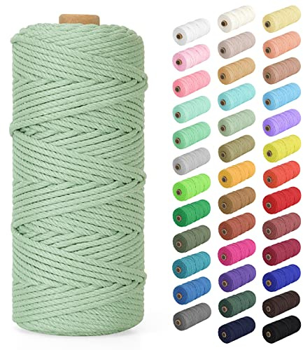 Makramee Garn 3mm x 100m, Baumwollkordel Farbig Baumwollgarn Geflochten Baumwollseil, Natürliche Baumwollschnur für Makramee Wandbehang, Blumenampel, Vorhang und Mehr DIY Deco, Bläuliches Grün