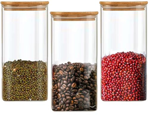 Lydlrum Square Glass Storage Jars with Lids 1500ML 3PCS High Borosilicate Glass Airtight Kitchen Food Canisters Cylinder Clear Preserving Seal Containers with Lid