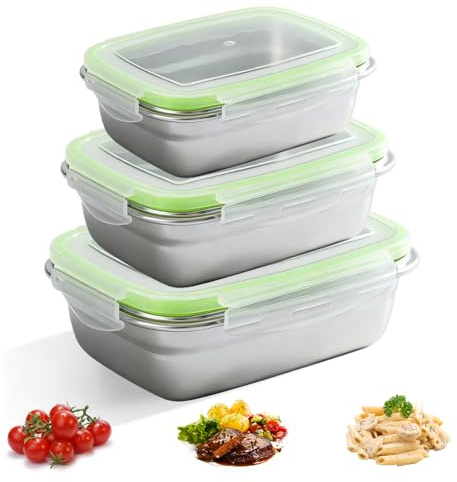 PORFOYO Stahl-Bento-Boxen 3er Set, Frischhaltedosen Aus Edelstahl, Lunchbox Edelstahl, Auslaufsicher 350ml+850ml+1800ml Lebensmittel Aufbewahrungsbox Für Suppe, Salat und Restmahlzeiten(Grün)