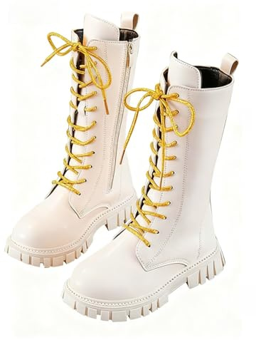 White Boots Kids,White Combat Boots for Girls Lace Up Riding Mid Calf PU Leather Waterproof Shoes Footwear UK Winter Goth Boot Cowgirl Fleece Lined A-White 10