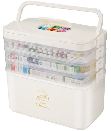 FEETER 4 Layer Medicine Storage Box,Household Medicine Container Box Organiser with Handle, Box,Portable with Lid Medication Storage Box Medicine Cabinet for Home,School (white)
