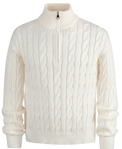 Generisch Maglione da uomo a collo alto, a mezza zip, morbido, lavorato a maglia, con maglione intrecciato, caldo, comodo, maglione invernale, tinta unita, semplice e oversize, bianco, M