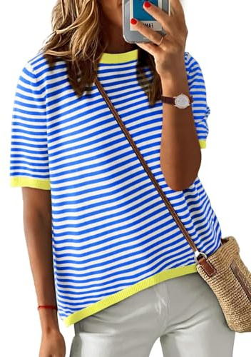 UMIPUBO Camisetas Manga Corta Verano Mujer Cuello Redondo de Rayas Choque De Colores T Shirt Elegantes Moda Casual Tops Cómoda Loose Blusas tee (Azul, L)