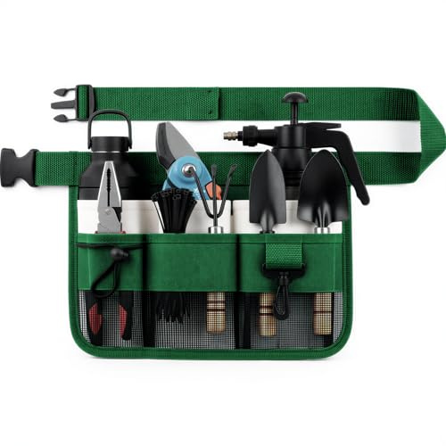Garden Waist Apron Belt, Garden Tool Belt for Men Women, Construction Waist Apron Florists, Woodwork Carpenter Tool Belt with Multiple Pockets, Utility Belt for Holding Gardening & Home Tools - Green